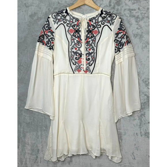 Parker Mini Dress Womens Small Ivory Silk Embroidered Boho Bell Sleeve Keyhole - Picture 1 of 14